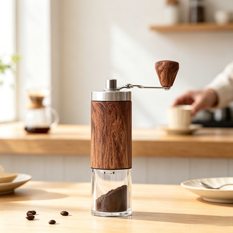Burr Hand Grinder - Portable Wood‑Grain Manual Coffee Grinder, Stainless