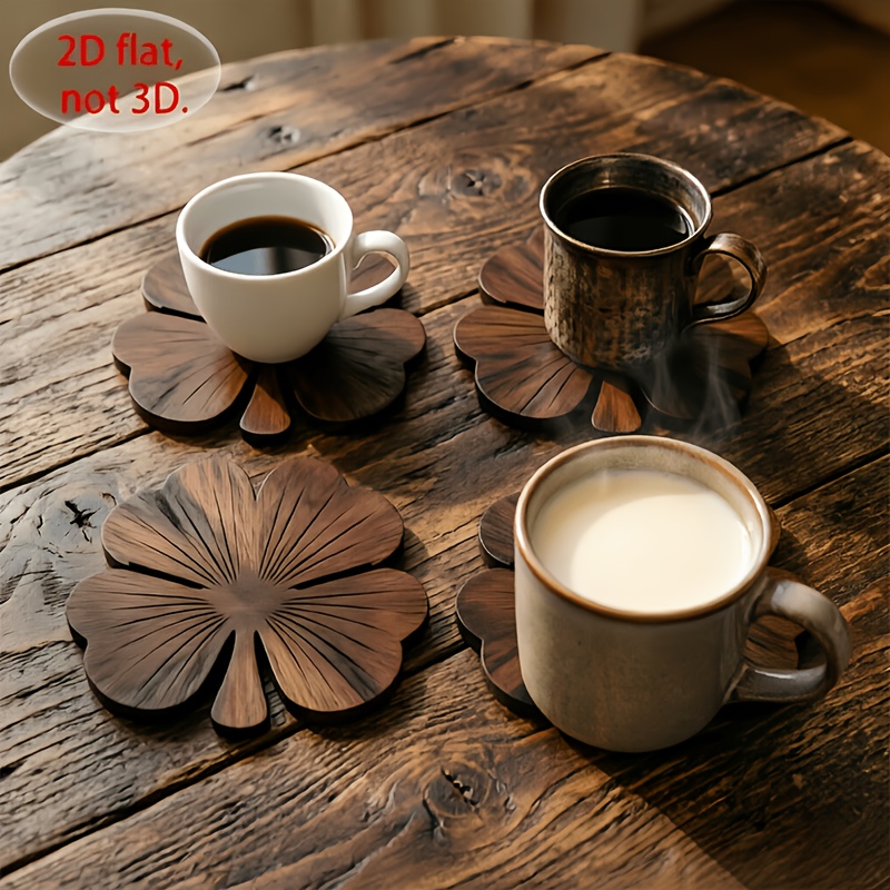 4Pcs 2D Flat Clover Wooden Coa - Coffee Tea And Sugar Set recension och pris